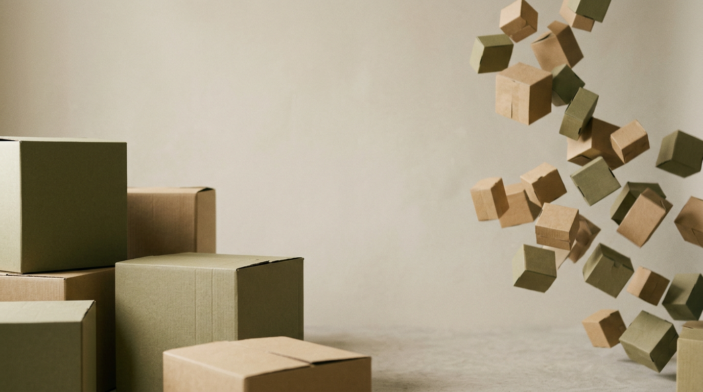 Generated image of plain cardboard moving boxes, some stacked at the left and many small ones tumbling through the air at the right