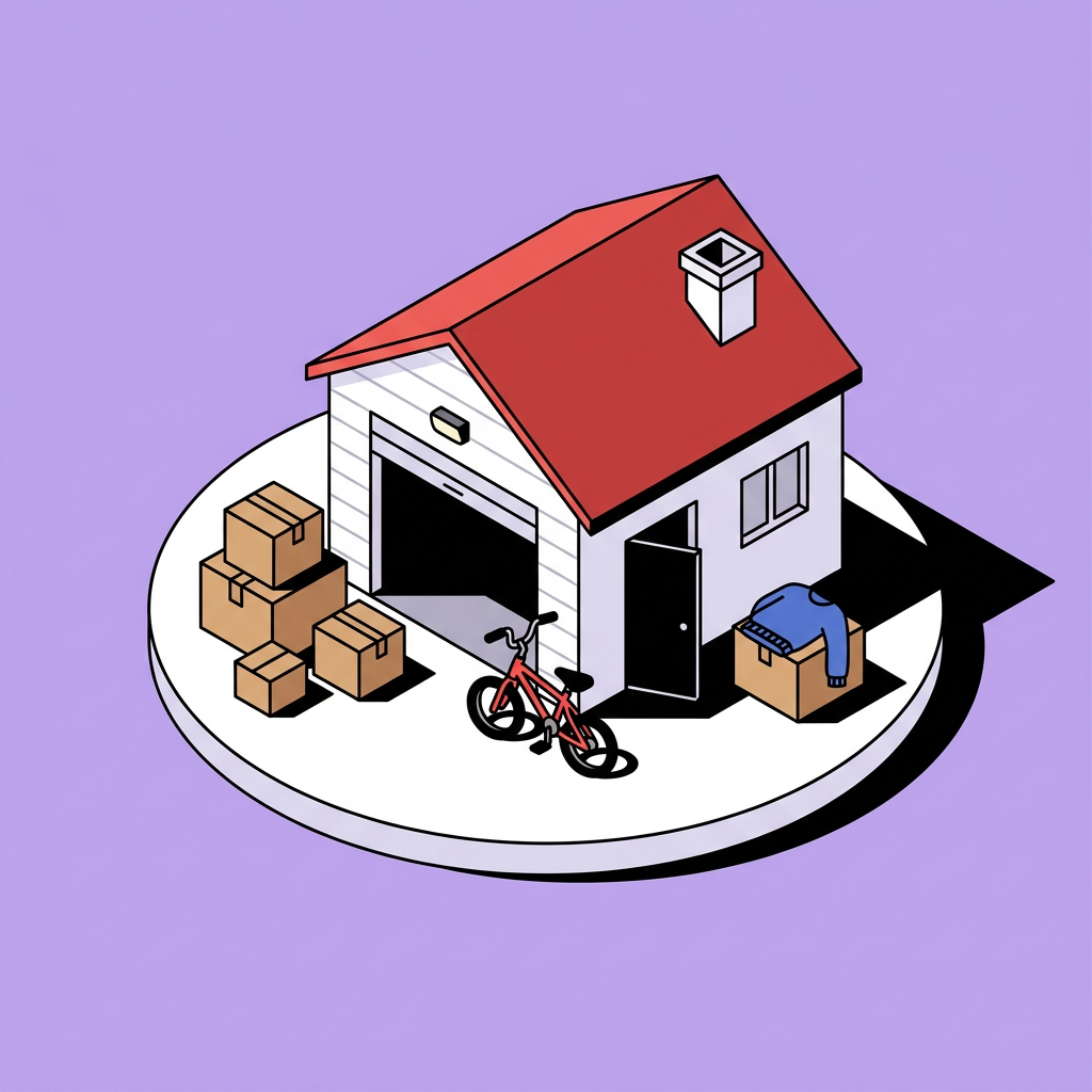 Illustration of a small garage with a red roof surrounded by cardboard boxes, a child's bicycle and a folded sweater