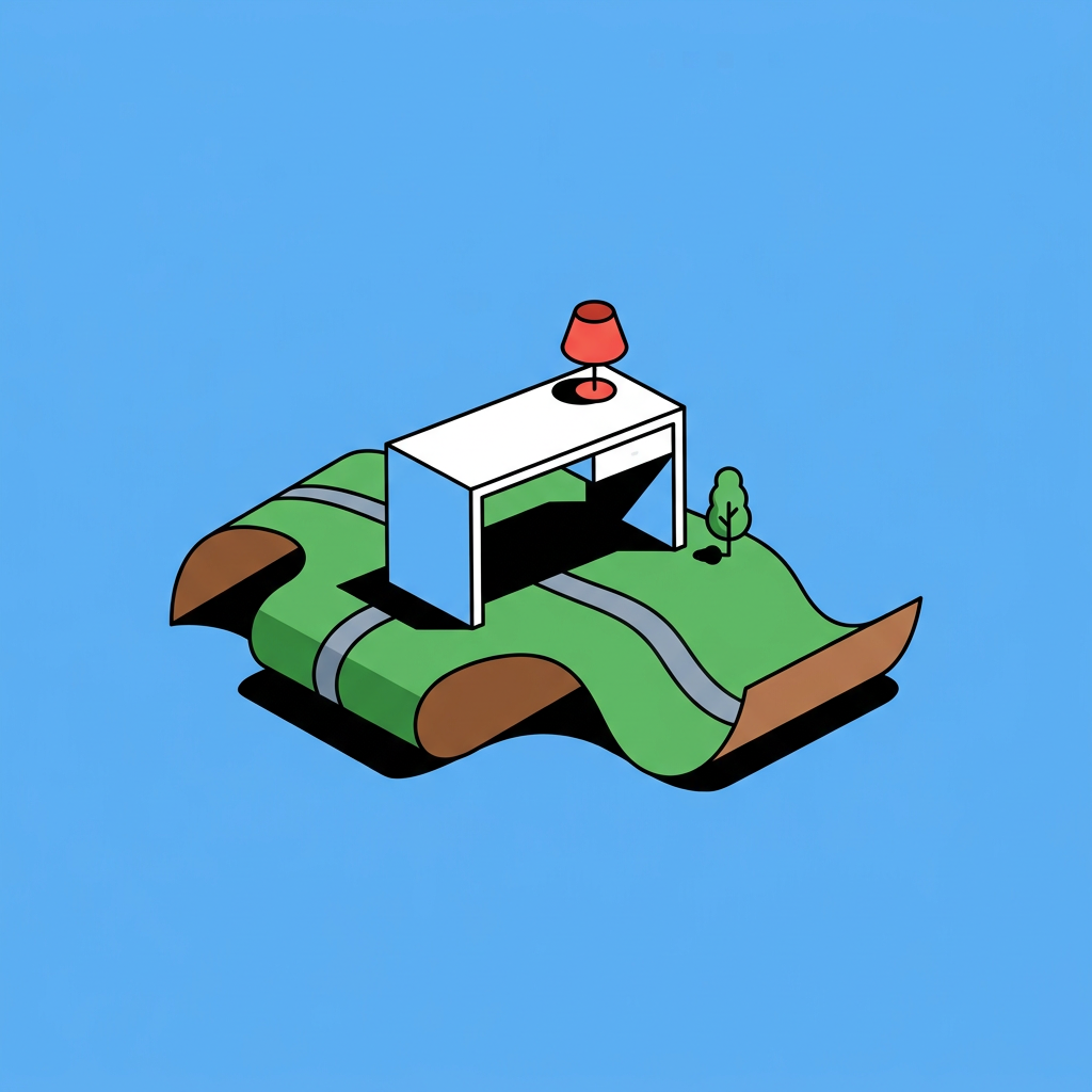Illustration of a white desk with a red lamp resting on a wavy green landscape against a blue sky