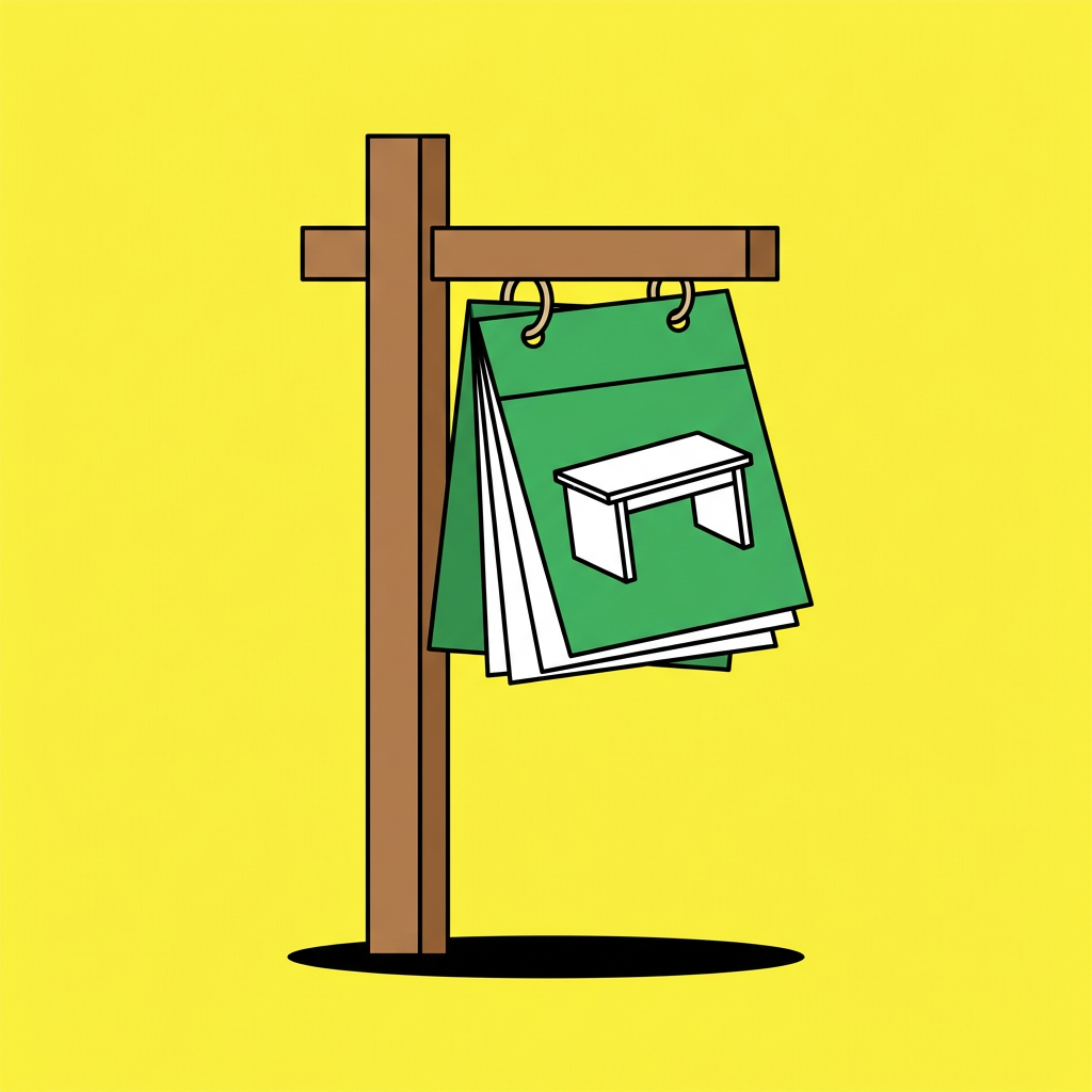 Illustration of a wooden signpost with a green stack of cards hanging from it, a small white desk on the top card